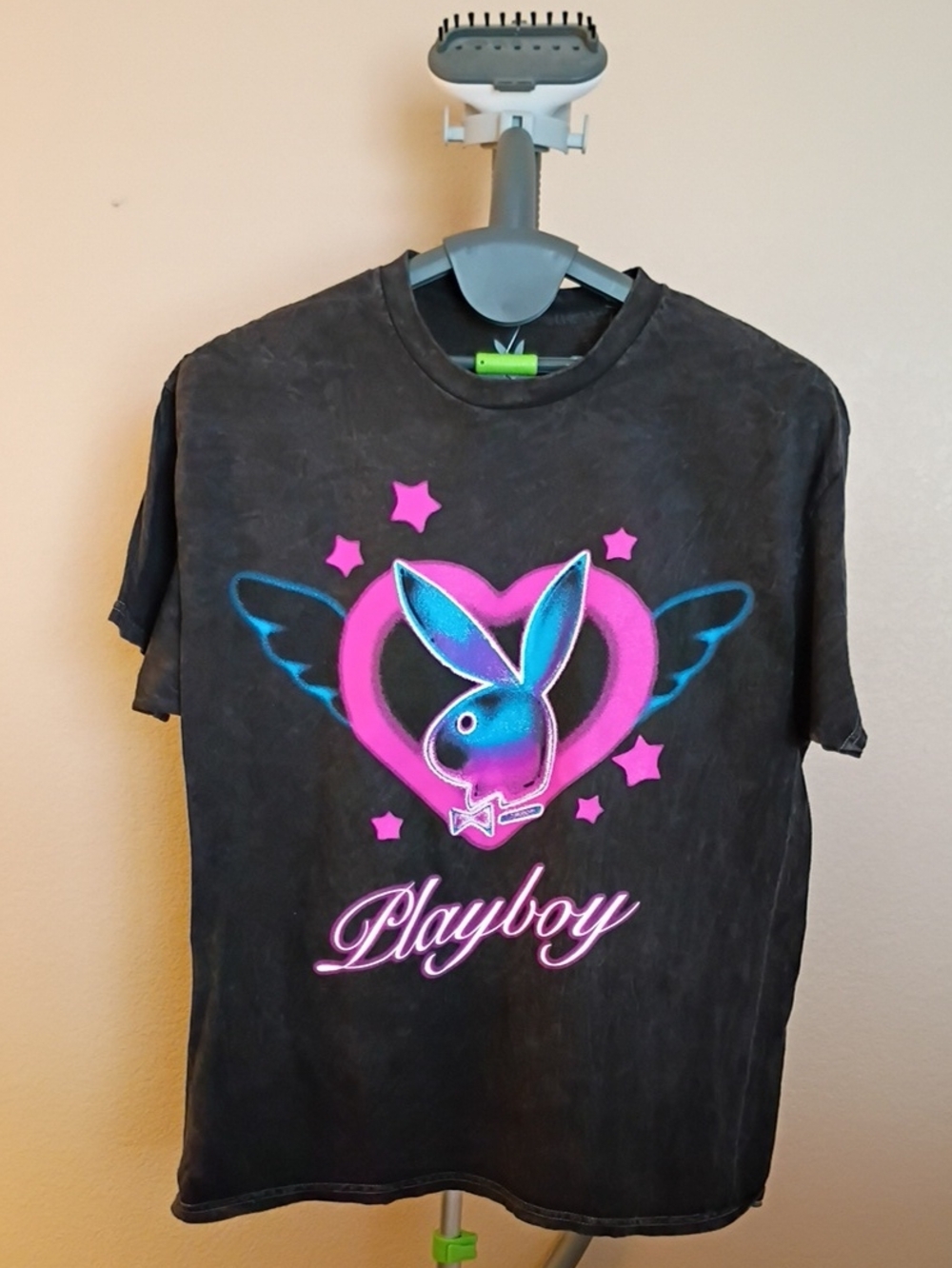 PLAYBOY Distressed Black Tee with Pink & Blue Heart Bunny Graphic Size 1X